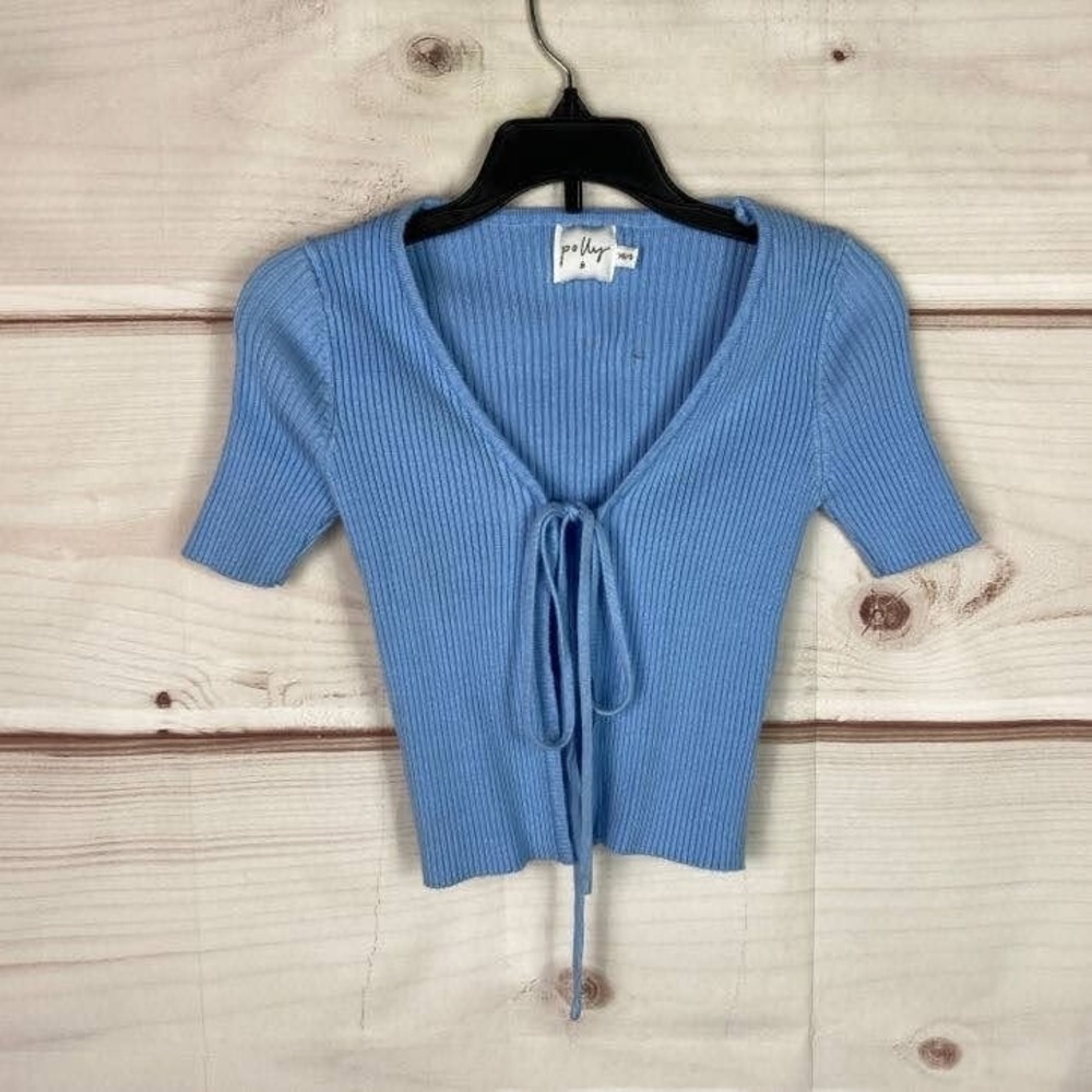 Polly Top Womens XS S Blue Rib Knit Tie‎ Front Crop Short Sleeve Solid Slim Fit